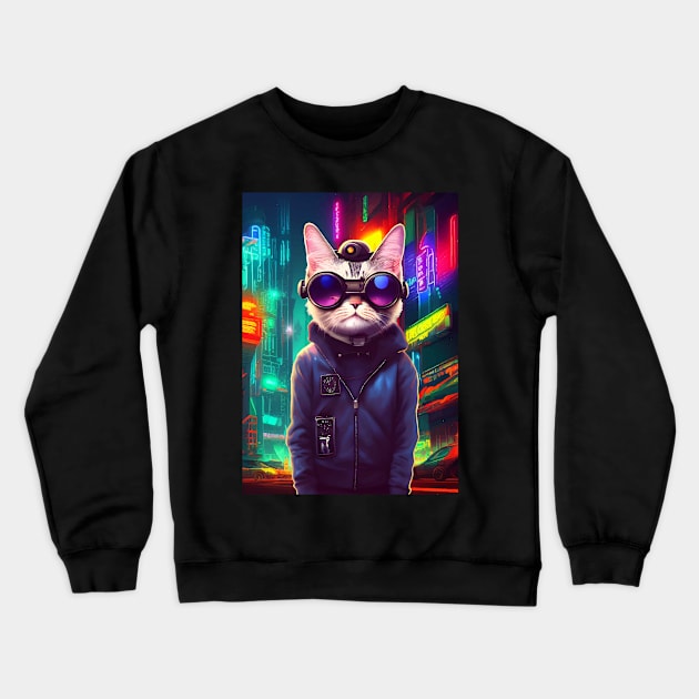 Cool Japanese Techno Cat In Japan Neon City Crewneck Sweatshirt by star trek fanart and more